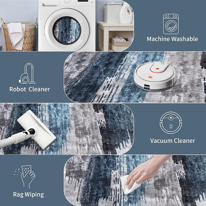 Ciicool 2'6"x10' Washable Runner Rug, Modern Abstract Hallway Rugs Runner, Non-Slip Thin Accent Rug Lightweight Navy Grey Print Distressed Carpet for Laundry Entryway Bedroom Kitchen Indoor