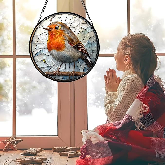 Stained Glass Window Hanging - Orange Grey Robin Sun Catcher for Door Garden Home Decor Bird Lovers Suncatcher Christmas Mother's Day Birthday Gifts for Women Men Mom Nana 11.8 in
