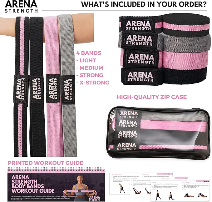 Arena Strength Long Fabric Full Body Resistance Bands Set of 4 and Pull Up Assistance Bands | Cloth Resistance Bands Loop with Fabric Exercise Resistance Bands Workout Guide