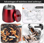 HARTAR Smokeless Ashtrays for Cigarettes Indoor, Ash Tray Sets Outdoor Windproof Cute Home Large Funny Metal Outside Ashtray with Lid for Cigarettes Butt Can for Outside Patio, Red, Large
