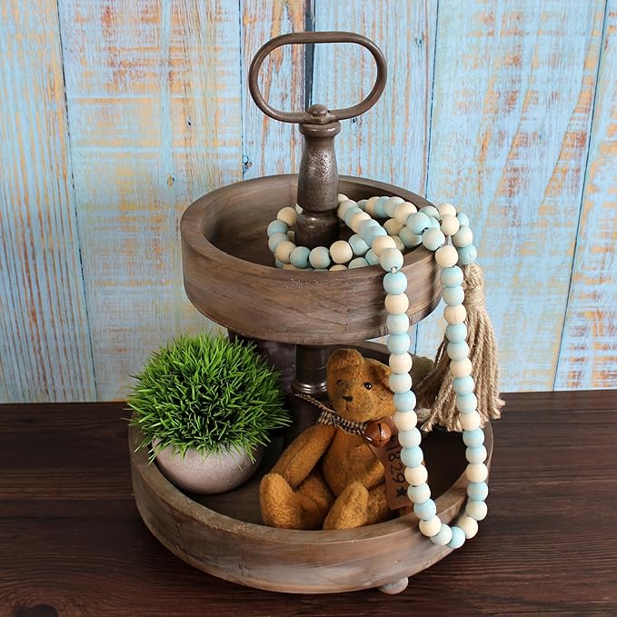 CVHOMEDECO. Wood Beads Garland with Tassels Farmhouse Rustic Wooden Prayer Bead String Wall Hanging Accent for Home Festival Decor. Teal Mix Distressed