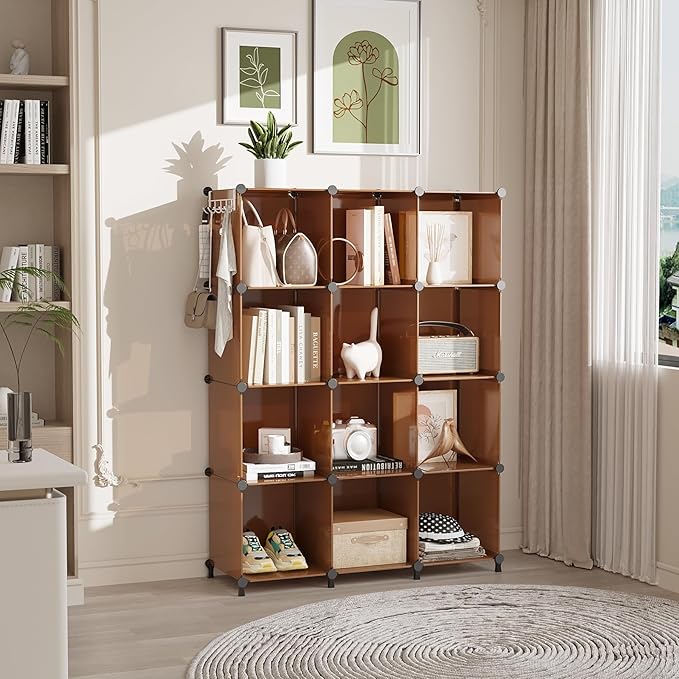 AWTATOS Cube Storage Organizer, Storage Cubes Shelves Bookshelf, 12 Cube Closet Organizers and Storage, DIY Stackable Plastic Clothes Organizer Shelving for Bedroom, Home, Cocoa Brown