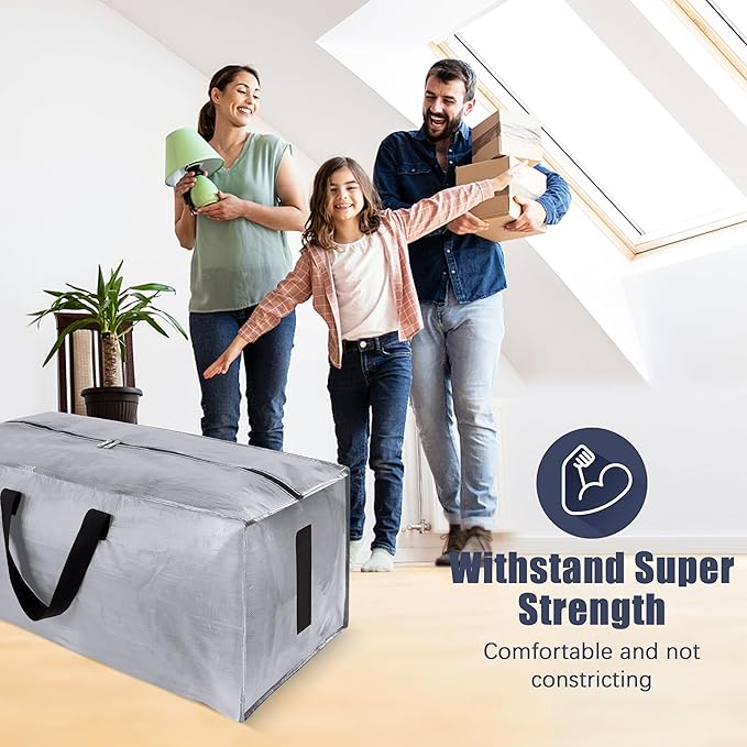 4 Pack Large Strong Bags with Zippers & Carrying Handles - Water-Resistant - Heavy Duty Storage Tote for Space Saving Storage, Fold Flat, Alternative to Moving Box (Silver)