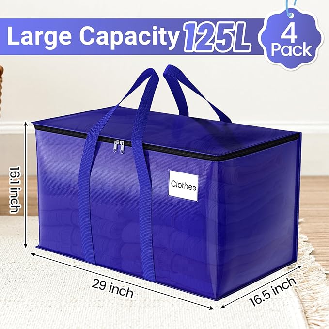 Moving Storage Bags, Moving Supplies Packing Boxes for Moving, Camping, College Dorm Room Essentials for Girls, Blue Tote Bags, Heavy-Duty Storage Bins With Lids And Zippers, 125L 4 Pack