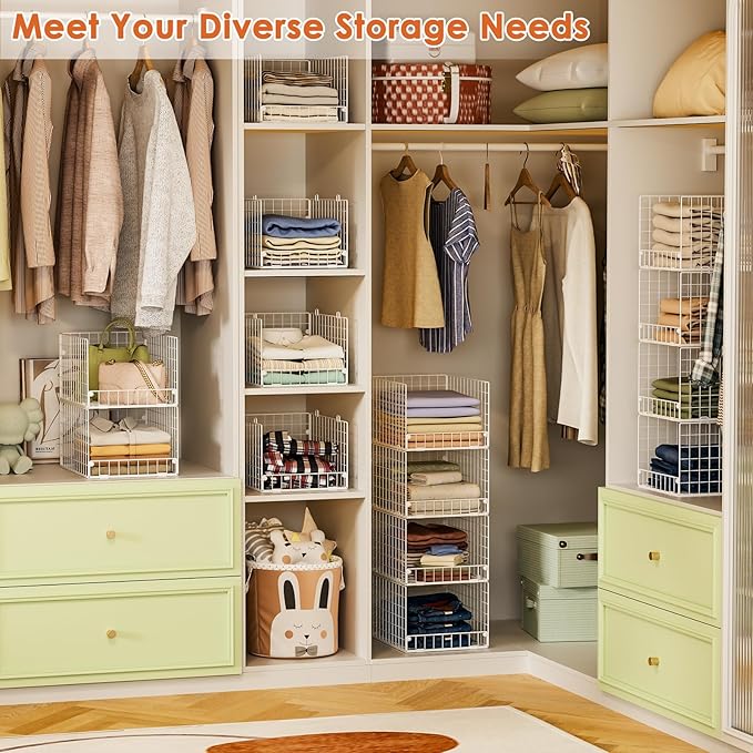 5-Tier Stackable Closet Storage Shelves, Closet Organizers and Storage Basket, Foldable & Stackable Clothes Organizer for Closet Organizer System,Space-Saving Closet Storage Shelf for Home ,White