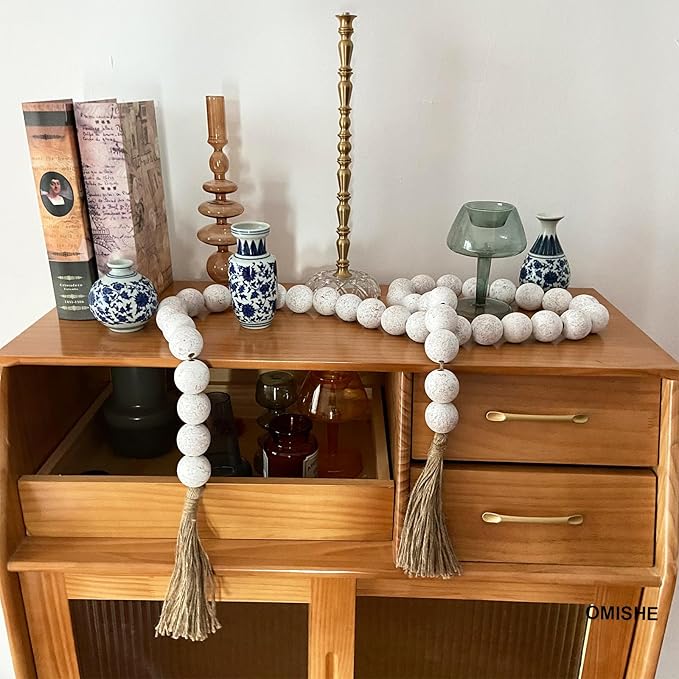 OMISHE 76" Long Extra Large Wood Bead Garland with 1.6" Diameter Wooden Beads and Tassels, Rustic Farmhouse Country Decorative Beads for Home Tiered Tray Decor, Rustic White