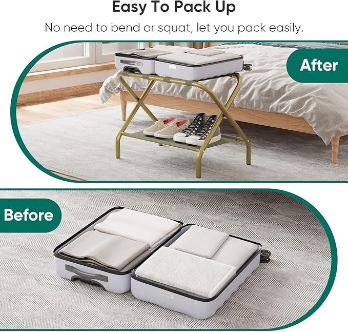 Smuxee Gold Luggage Rack Pack of 2, Foldable Suitcase Stand with Fabric Storage Shelf, Luggage Holder with 4 Nylon Straps for Hotel Guest Room Bedroom