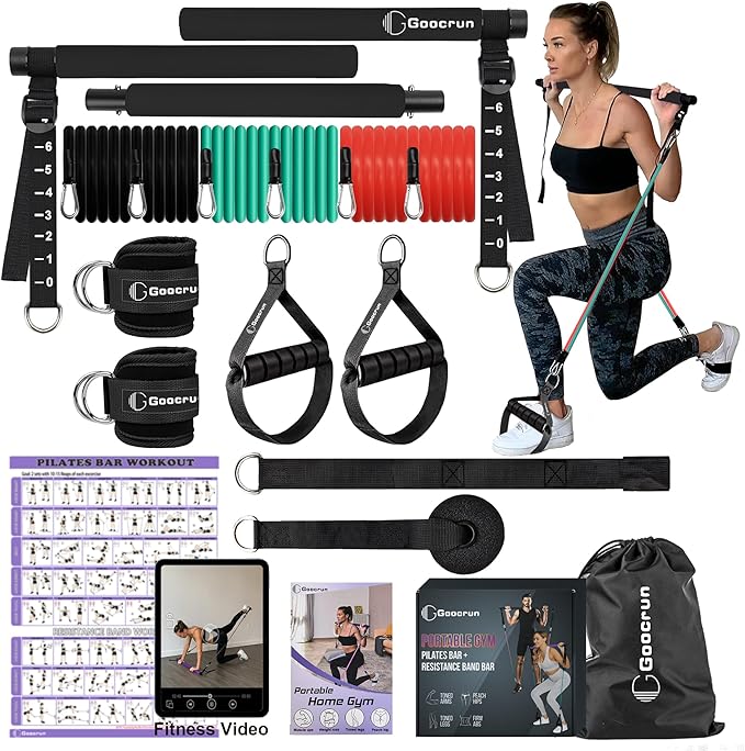 Portable Pilates Bar Kit with Resistance Bands for Men and Women - 3 Set Exercise Resistance Bands - Multifunctional Home Gym - Supports Full-Body Workouts – with Fitness Poster and Video