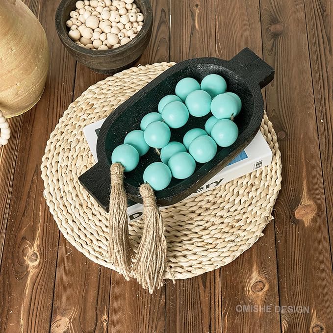 OMISHE Extra Large Wood Bead Garland Aqua Teal with 1.6" Diameter Wooden Beads and Tassels, 41" Long Rustic Farmhouse Country Decorative Beads for Home Decor, Aqua Teal