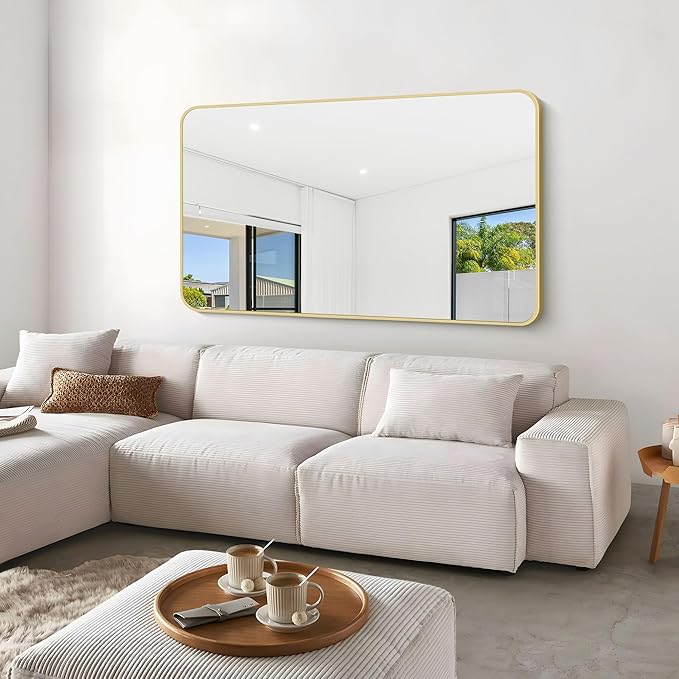 BONEWEI Gold Bathroom Mirror,60x36 inch Wall Mirror for Bathroom Wall Mounted,Round Rectangle Mirror for Bathroom Over Sink,Modern Frame for Home Decor Living Room,Bedroom Entryway,Horizontal/Vertical
