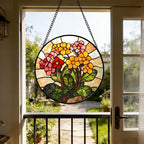 Stained Glass Window Hanging, Yellow Red Flowers Sun Catcher for Window Door Home Decor Green Plant Suncatcher Christmas Mother's Day Birthday Gifts for Women Men Mom and Nana 9.8 in