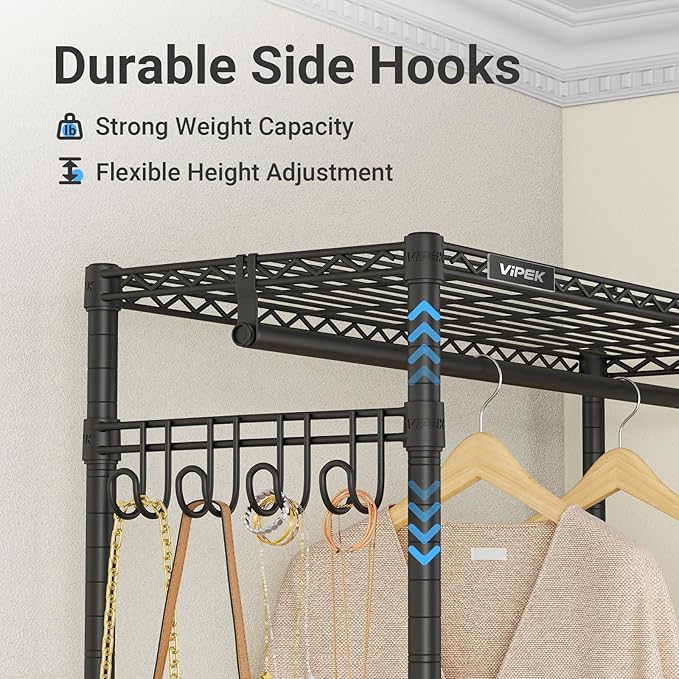 VIPEK R2 Pro Rolling Garment Rack 2-Sided Hanging Heavy Duty Clothes Racks with Wheels Adjustable Shelves Hanging Rods Metal Portable Closet Storage Freestanding Clothing Rack, Max load 600lbs, Black