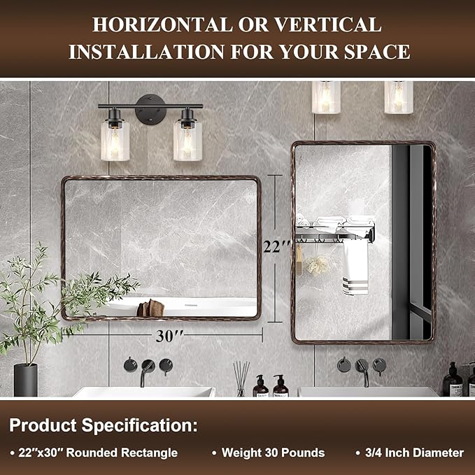 ANDY STAR Hand-Forged Bronze Bathroom Mirrors for Wall, 22x30 Inch Vintage Solid Steel Metal Frame Bathroom Vanity Mirror, Antique Rounded Rectangle Wall Mirror, Hangs Horizontally or Vertically