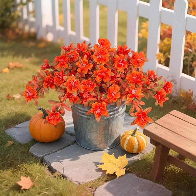 Fall Flowers Artificial for Decoration, Fake Silk Rhododendron Flowers for Outdoors, 2 Bundles Faux Azalea Outside UV Resistant No Fade Floral for Home Garden Balcony Walkway Wedding Party Decor