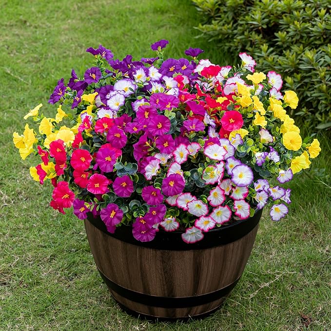 Lnoicy Artificial Flowers for Outdoor 12 Bundles Eucalyptus Fake Flowers for Planter,UV Resistant Fake Morning Glory for Home/Porch/Garden Decoration (6 Color)
