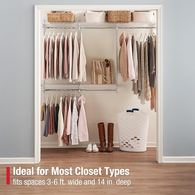 Rubbermaid Configurations Custom Closet Kit 3-6 Ft. Adjustable Metal Wire Shelving White Finish Expandable Organization System Hardware Included for Home Closet/Pantry/Laundry/Mudroom