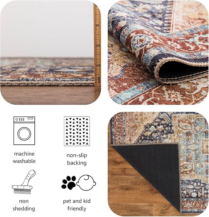 Keen Home Design 2x10 Rug - Machine Washable Runner with Non-Slip Backing, Ideal for Hallway, Entryway, Kitchen, Laundry Room - Vintage, Easy Clean, Durable, Low Pile Rug - (2'6" x 10')