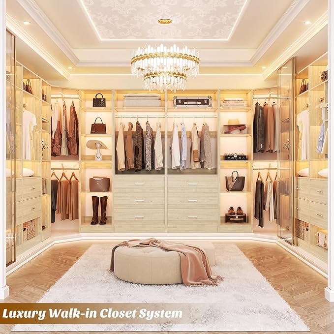 Corner Closet System with 6 Drawers, Closet Organizer System with 14 Shelves & 4 Hanging Rods, 87.2"L * 39.2"W / 63.2"L * 63.2"W Reversible L Shaped Walk-in Closets, Load 2500+LBS, White Oak