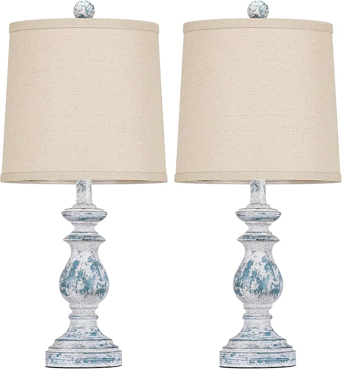 PARTPHONER Traditional Table Lamp Set of 2, Rustic Farmhouse Table Lamps for Living Room Bedroom, 22" Bedside Desk Lamps Vintage Nightstand Lamps with Linen Shades, Washed Blue