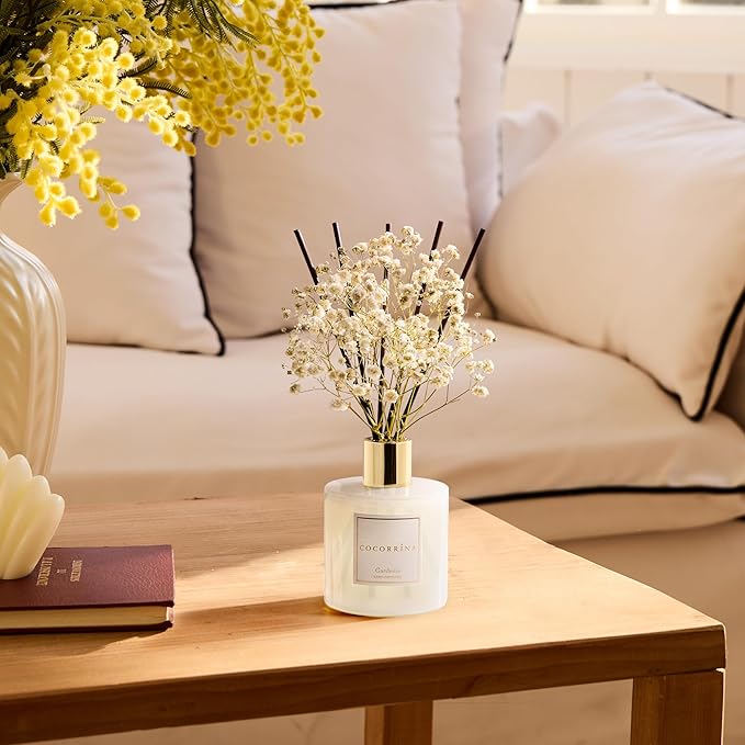 COCORRÍNA Reed Diffuser - Gardenia 6.7 Fl.oz Reed Diffuser Set with Sticks & Preserved Baby's Breath, Reed Diffuser for Home Bathroom Shelf Decor