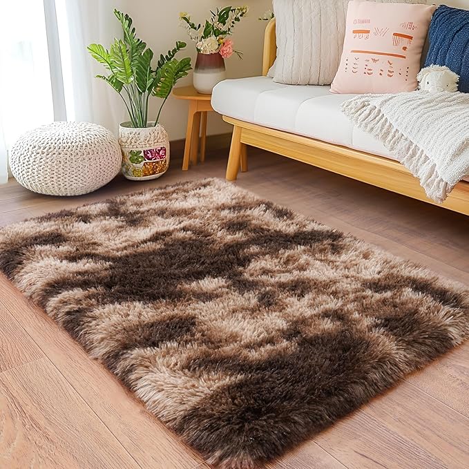Small Rugs for Bedroom, Fluffy 2x3 Rug Throw Non Slip for Bedside Dorm Kids Room, Plush Comfy Shag Carpet for Home Decor Aesthetic, Tie-Dyed Brown