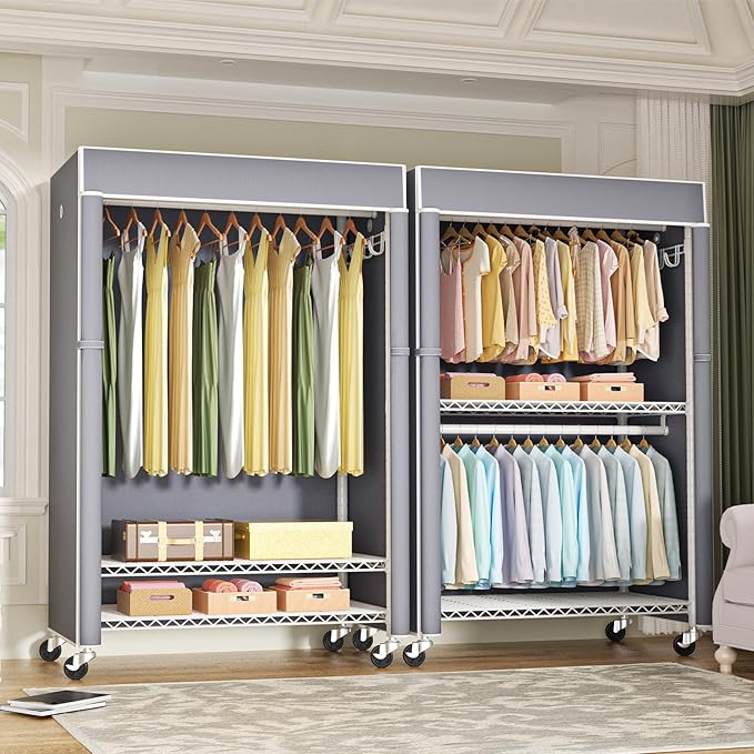 FUTASSI White Clothing Rack with Grey Cover, P1C Plus Rolling Closets with Wheels, Metal Garment Rack for Hanging Clothes, Clothing Storage Wardrobe, 46" W x 18.5" D x 80.7" H, Load 524 Pounds