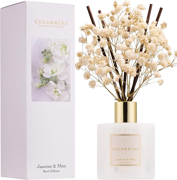 COCORRÍNA Reed Diffuser - Jasmine & Mint 6.7 Fl.oz Reed Diffuser Set with Sticks & Preserved Baby's Breath, Reed Diffuser for Home Bathroom Shelf Decor