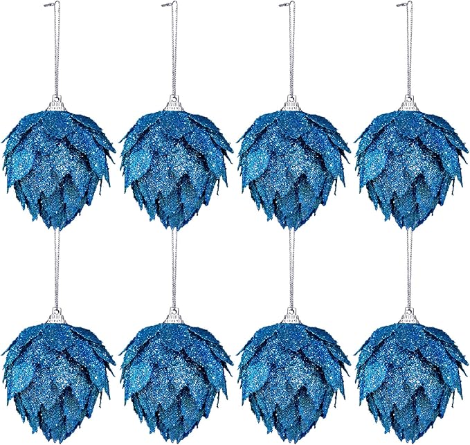 Jetec 8 Pieces Christmas Ornaments Glitter Christmas Tree Hanging Decoration Decorative Artificial Pine Cones Flowers Hanging Ornaments for Winter Wreath Holiday Decor(Blue)