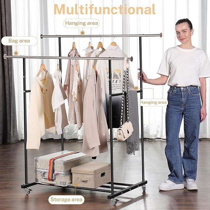 Clothes Rack, Double Clothing Rack with Wheels and Extra Wide Bottom Shelf, 52.36’’ Heavy Duty Garment Racks for Hanging Clothes, Coats, Shirts, Skirts, Dresses, 130LB Capacity, Black