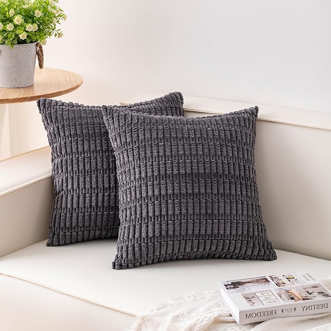 Aegero Pack of 2 Corduroy Decorative Throw Pillow Covers 26x26 InchSoft Striped Pillow Covers Modern Farmhouse Home Decor for Sofa Living Room Couch Bed（Dark Grey）