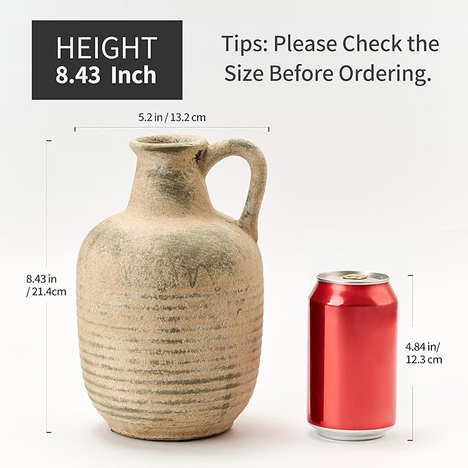 SIDUCAL Rustic Ceramic Farmhouse Flower Vase with 1 Handle-Height 8.43" Terracotta Vase, Unique Textured Pottery Flower Vases for Home Decor, Table, Wedding, Living Room, Shelf Decor, Terra