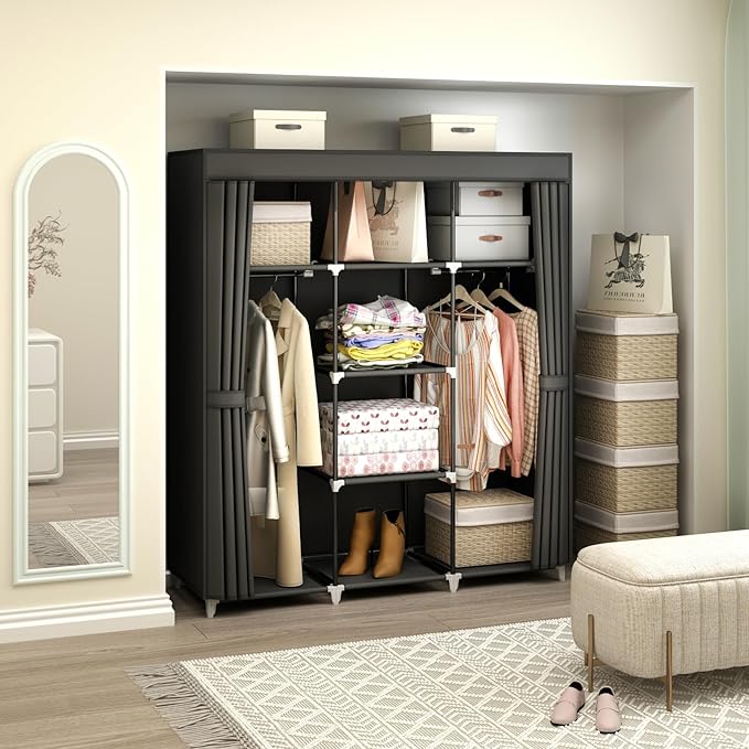 Portable Closet Wardrobe, 51-Inch Clothes Organizer with 2 Hanging Rods and 8 Shelves, Non-Woven Fabric Cover, Medium Capacity Storage for Bedroom and Living Room, Black