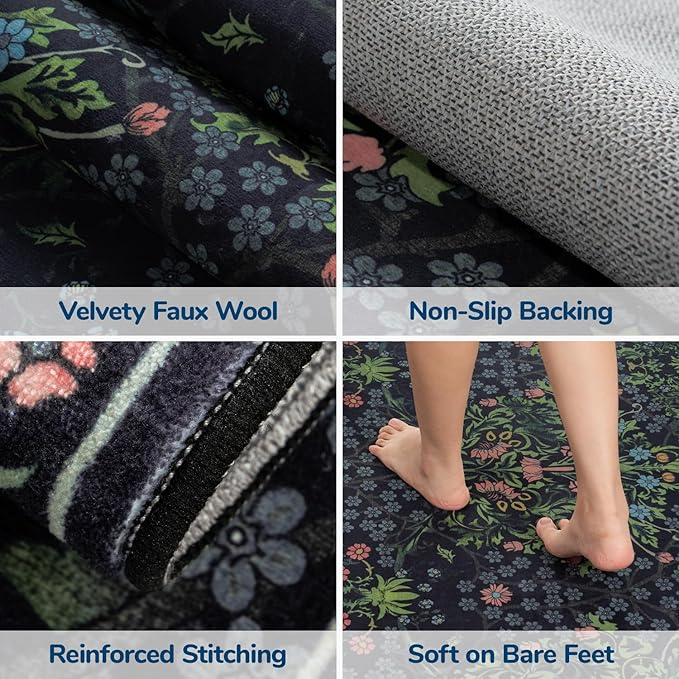 Lessymo Area Rugs 9x12 Living Room, Soft Washable Rug for Bedroom Dining Room Nursery Farmhouse, Boho Non Slip Low Plie Large Carpet Vintage Moody Dark Boho Flower, Black Green