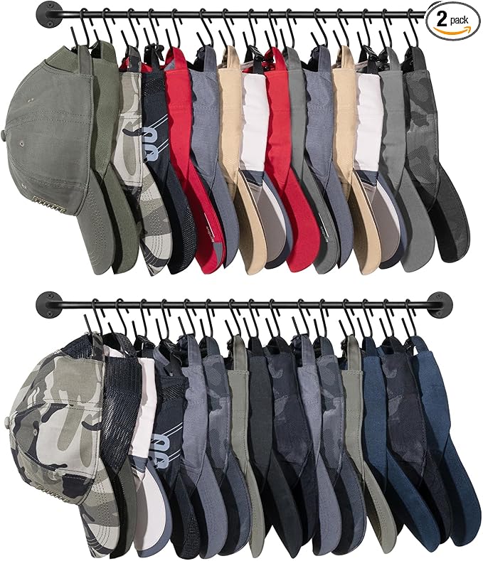 Mkono Hat Rack for Wall Baseball Cap Organizer Hanger with 30 Hooks Modern Metal Hat Holder Wall-Mounted Caps Display for Closet Door Bedroom Entryroom Laundry, Set of 2 (Black, Medium)
