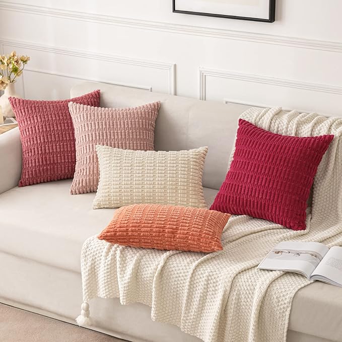 MIULEE Pack of 2 Corduroy Decorative Euro Sham Throw Pillow Covers 22x22 Inch Soft Boho Striped Pillow Covers Modern Farmhouse Home Decor for Summer Sofa Living Room Couch Bed Coral