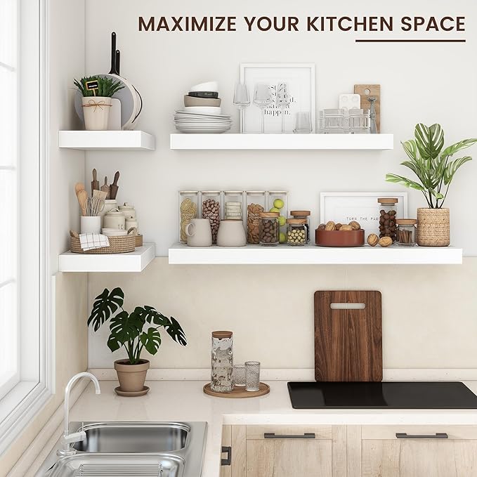 Venusmiles Floating Shelves for Wall, 36 Inch Wide x 12 Inch Deep Floating Shelves, Long Wood Floating Wall Shelf Shelves for Living Room Bathroom Bedroom Kitchen Home - (White, 36" W x 12" D x 2" H)
