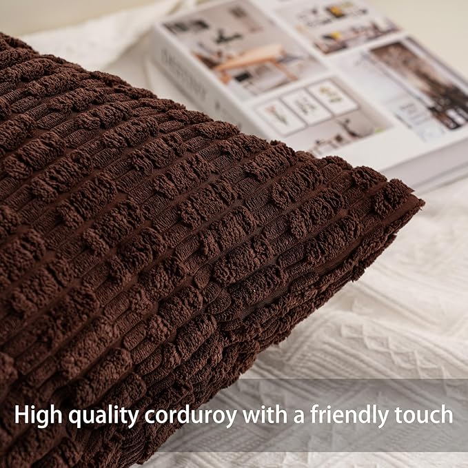 Aegero Pack of 2 Corduroy Decorative Throw Pillow Covers 16x16 Inch Soft Striped Pillow Covers Modern Farmhouse Home Decor for Sofa Living Room Couch Bed（Dark Brown）