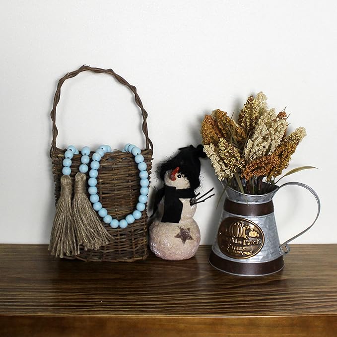 CVHOMEDECO. Wood Beads Garland with Tassels Farmhouse Rustic Wooden Prayer Bead String Wall Hanging Accent for Home Festival Decor. Teal Distressed