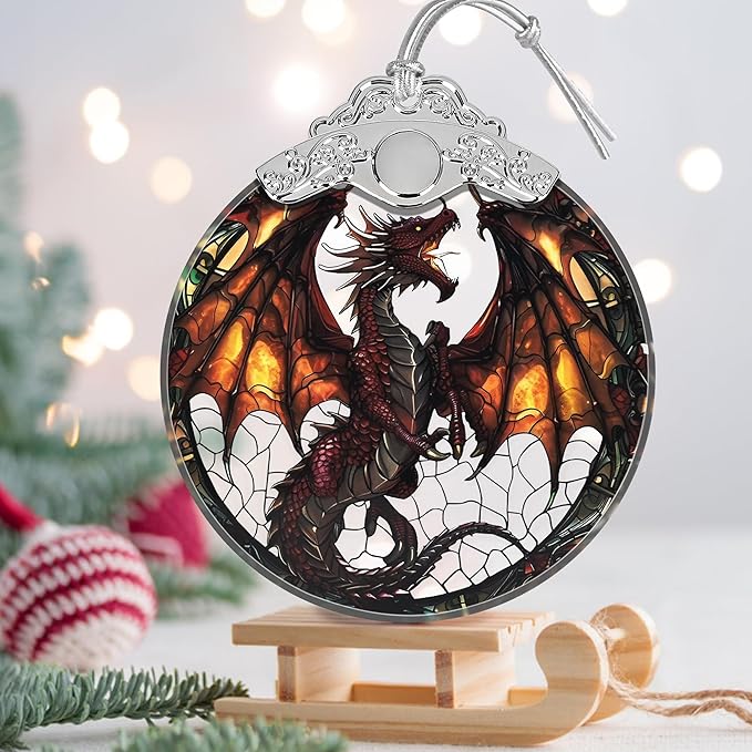 Stained Glass Flying Dragon Christmas Ornament - Holiday Home Decor - Tree Decoration - Gift Exchange Idea