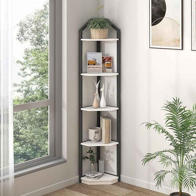Fun Memories 5 Tier Corner Shelf, 70” Corner Shelf Stand, Corner Bookshelf Plant Stand, Storage Shelf for Bathroom, Living Room, Kitchen,Home Office, White