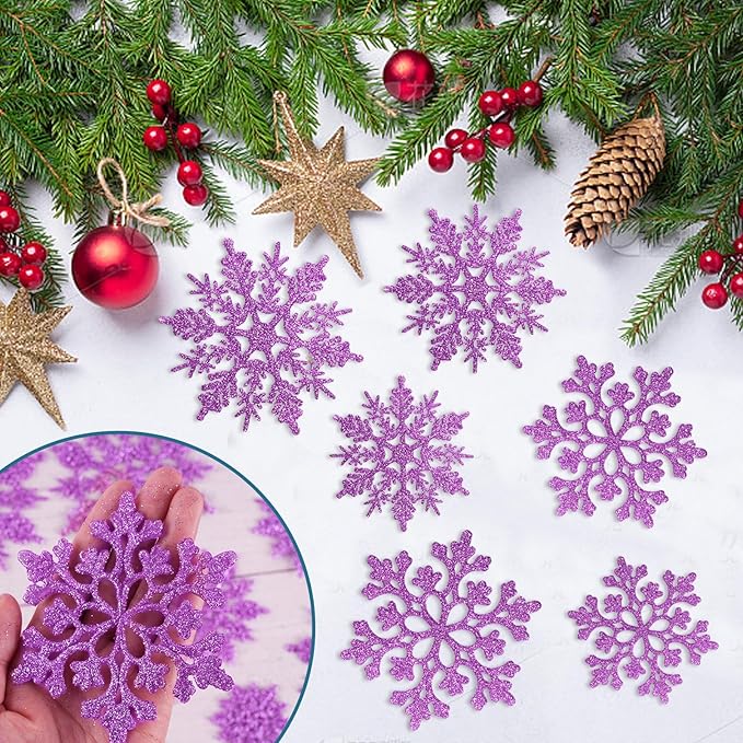 36pcs Christmas Light Purple Snowflake Ornaments，Plastic Light Purple Snow Flakes Hanging Ornaments for Christmas Tree Decor Winter Wonderland Frozen Birthday Party Holiday Home Decor Craft Snowflake
