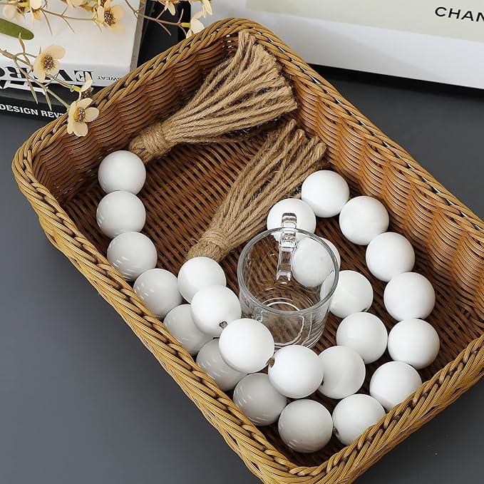 Large White Wooden Beads Garland Farmhouse Decor 50inch long with 1.6" Diameter beads, Wood Beads Decor Tassel Garland Decorative Boho Country Decoration for Coffee Table Home Tiered Tray Wall Hanging