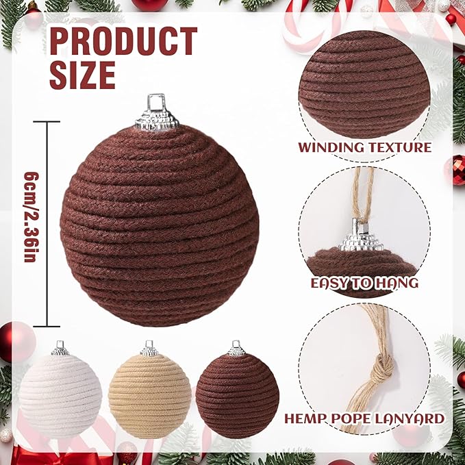 JOICEE 9 Pcs Boho Christmas Ball Ornaments Set, Jute Rope Hanging Balls Neutral Rustic Ornaments Christmas Ball Decoration for Xmas Tree Wreath Garland Party Farmhouse Decor(White,Beige,Dark Brown)