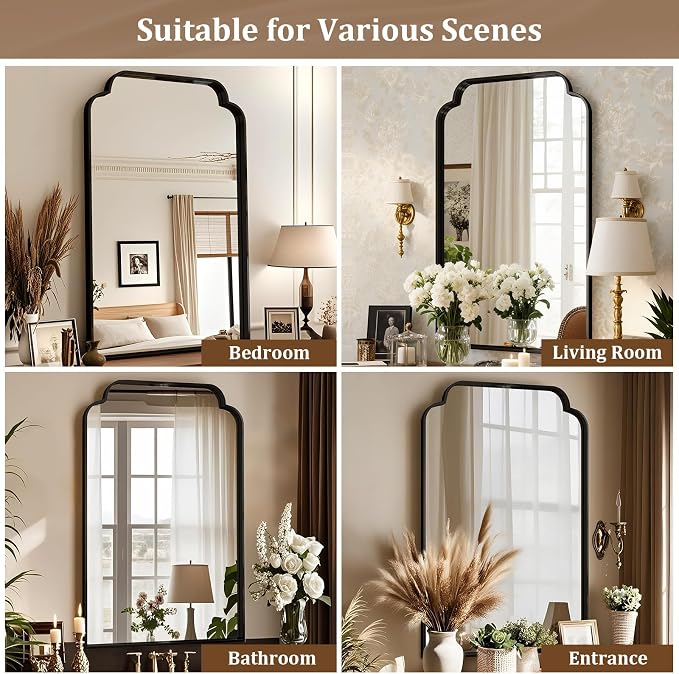30X48 Inch Black Bathroom Mirror for Wall, Modern Rounded Corner Rectangle Mirror with Non-Rusting Iron Metal Framed Bathroom Vanity Mirror for Over Sink Wall Decor