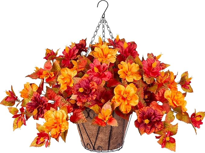 Artificial Fake Fall Hanging Flowers with Basket for Outdoors Decoration 3PCS Faux Fall Flowers for Outdoor Planters UV Resistant No Fade Silk Hibiscus for Home Porch Patio Garden Balcony Yard Decor