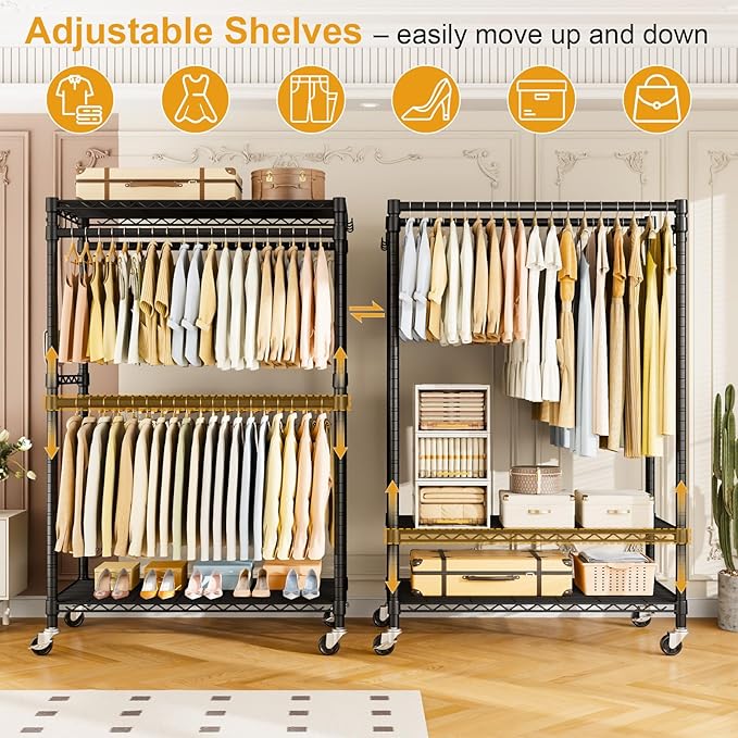 P4 Plus Rolling Clothes Rack Heavy Duty, Clothing Racks for Hanging Clothes, Free Standing Garment Racks with Wheels, Portable Closet Rack 45''W × 20.5''D × 80.5''H, Max Load 570 Lbs, Black