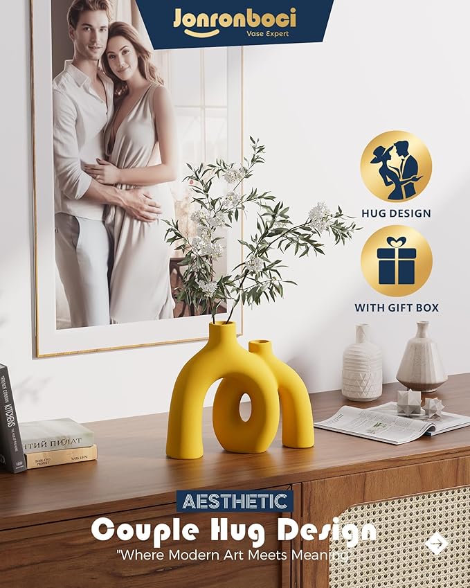 Hug Donut Decorative Vase Set - Yellow Vase, Modern Nordic Boho Style Vases Home Decor, Matte Ceramic Decorations for Living Room Shelf, Bookshelf Mantle Entryway Table or Console Décor (Yellow)