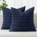 MIULEE Pack of 2 Corduroy Decorative Euro Sham Throw Pillow Covers 22x22 Inch Soft Boho Striped Pillow Covers Modern Farmhouse Home Decor for Summer Coastal Sofa Living Room Couch Bed Dark Blue