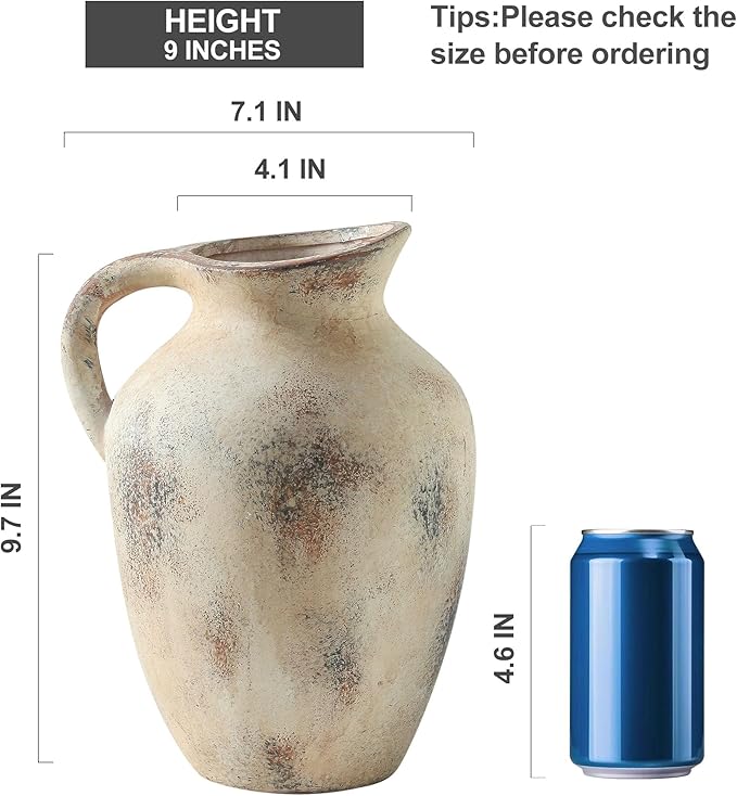 Vintage Farmhouse Pottery Vase, 9.7 inch Handcrafted Decorative Ceramic Vase for Home, Dining Table, Bathroom, or Bookshelf Accents