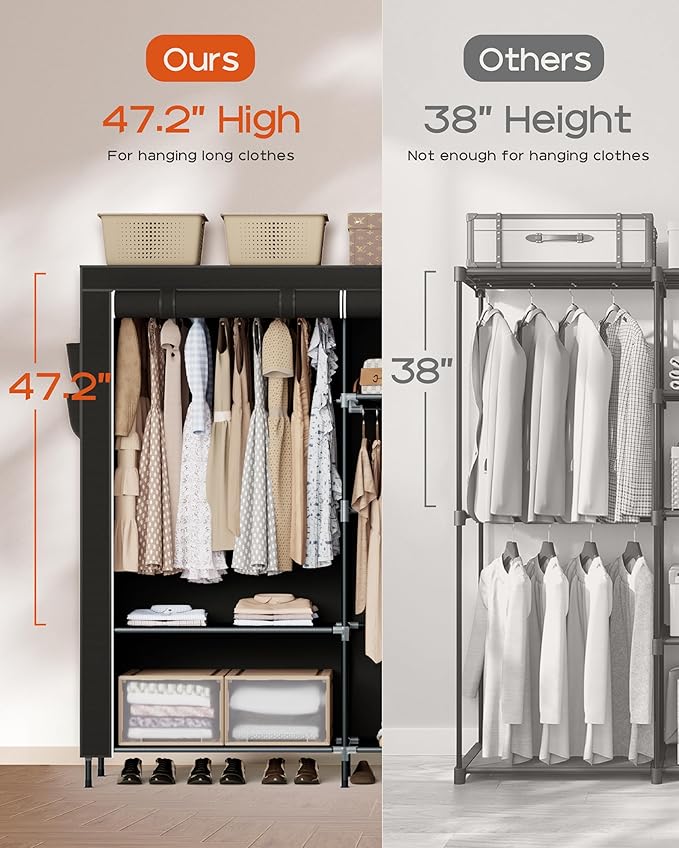 Portable Closet, 77.6 Inch Extra Large Capacity Wardrobe Closet with Cover, Clothes Storage Organizer with Shelves and 3 Hanging Rods, Easy to Assembly, Black PCT223B01